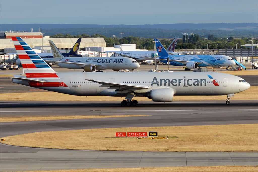 An American Airlines jet taxis for takeoff.