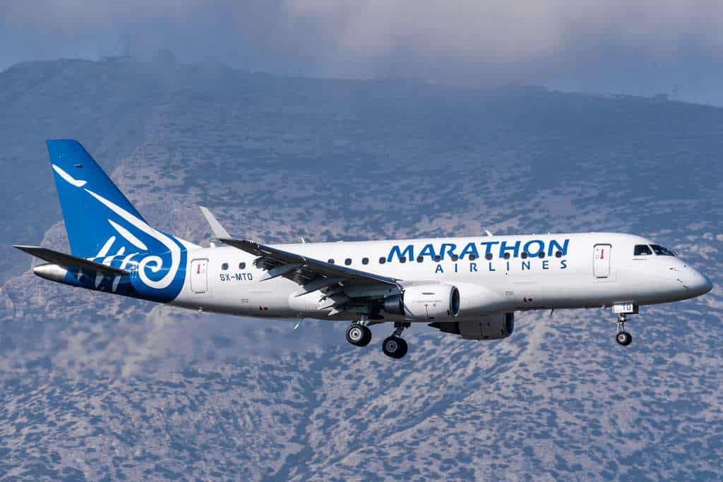 A Marathon Airlines Embraer E-Jet in flight.