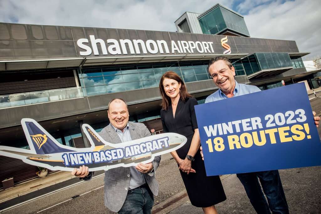 Ryanair and Shannon Airport staff at the airport terminal building.