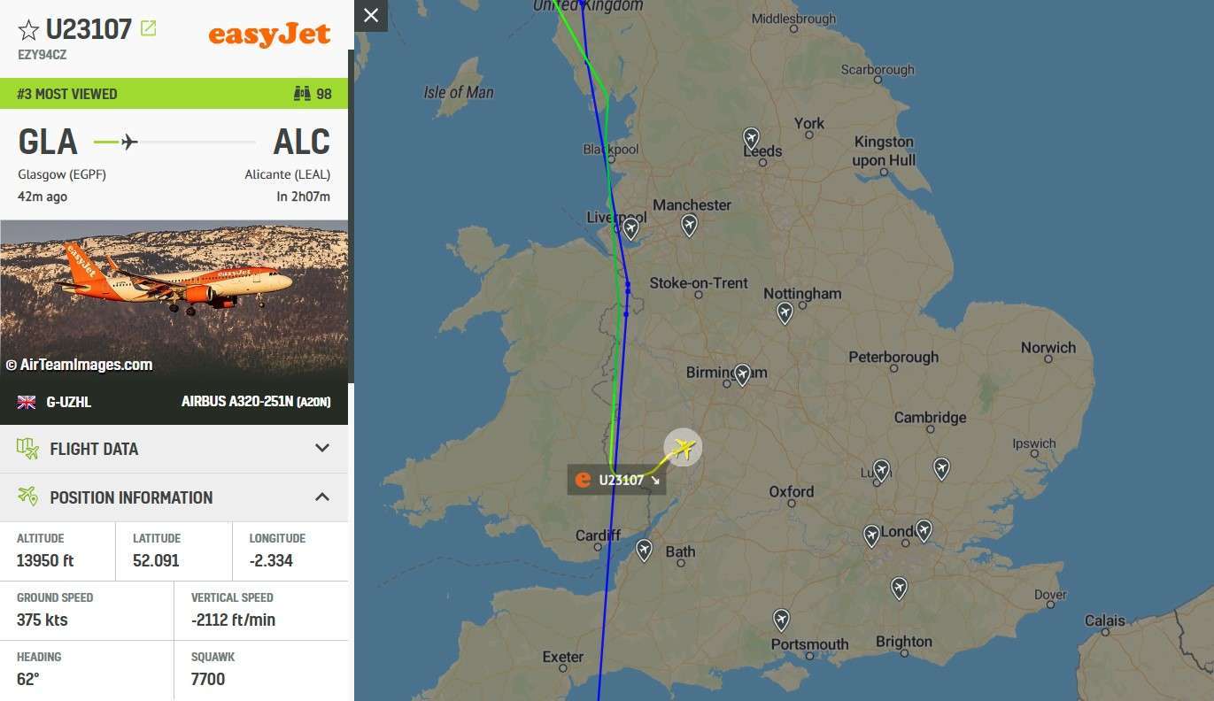 easyJet flight from Glasgow - Alicante declares emergency
