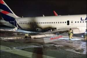 LATAM Airlines Chile Arbus A320 shown destroyed on runway at LIM Airport.