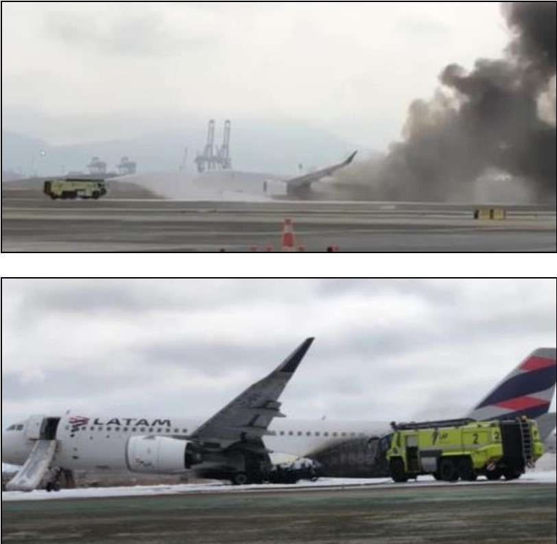 Damaged LATAM Airlines Chile Airbus A320 on runway at Lima Airport.