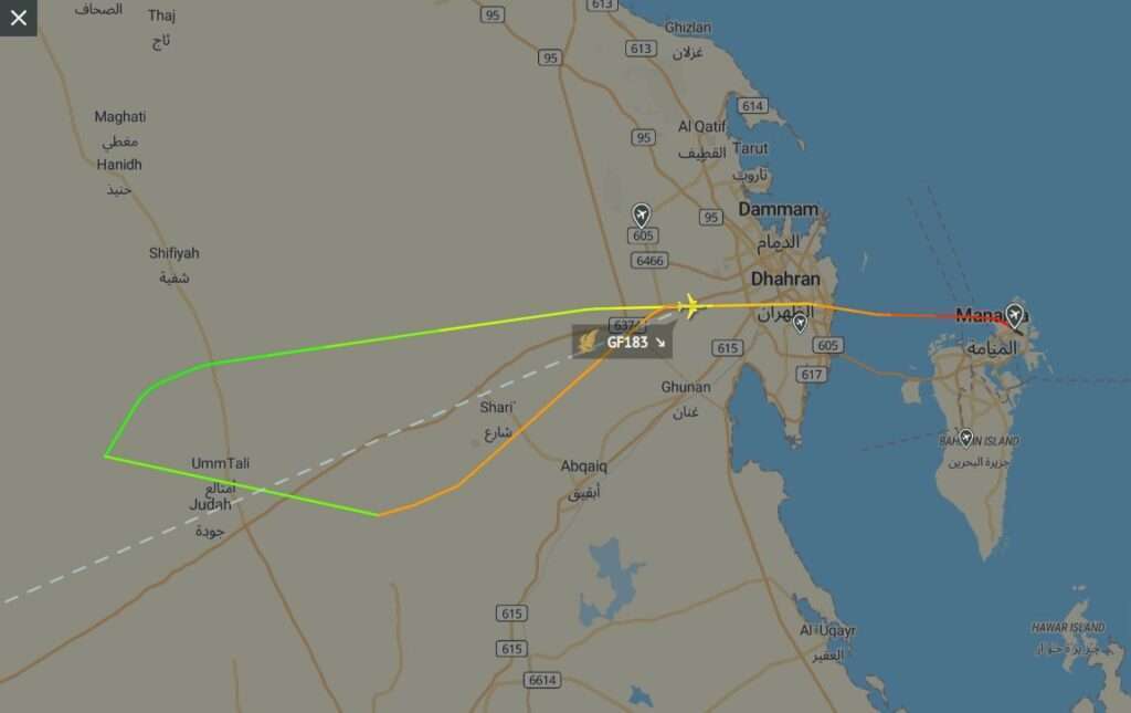 Flight track of Gulf Air flight GF183 from Bahrain to Jeddah, showing return to Bahrain.