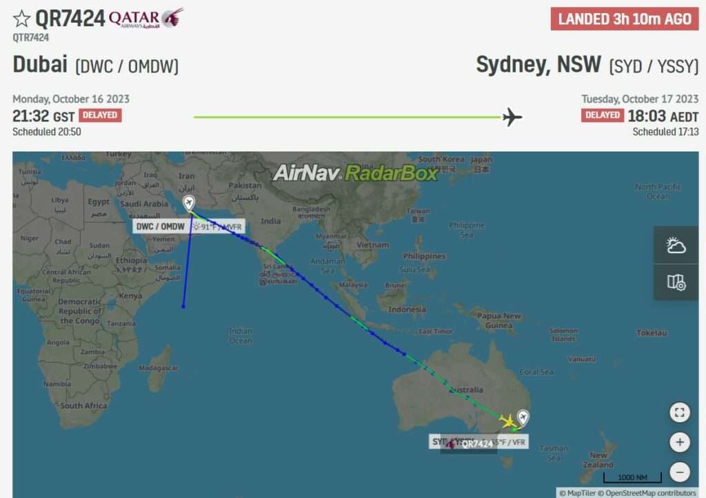 Flight track of chartered flight from Israel to Sydney