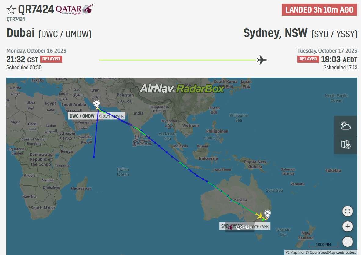 Flight track of chartered flight from Israel to Sydney