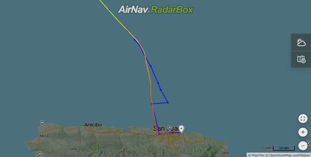 Flight track of ABX Air flight GB845 from Cincinnati to San Juan.