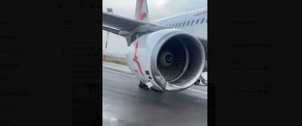 An Air Arabia Moroc A320 in Morocco with damage to its right hand engine.