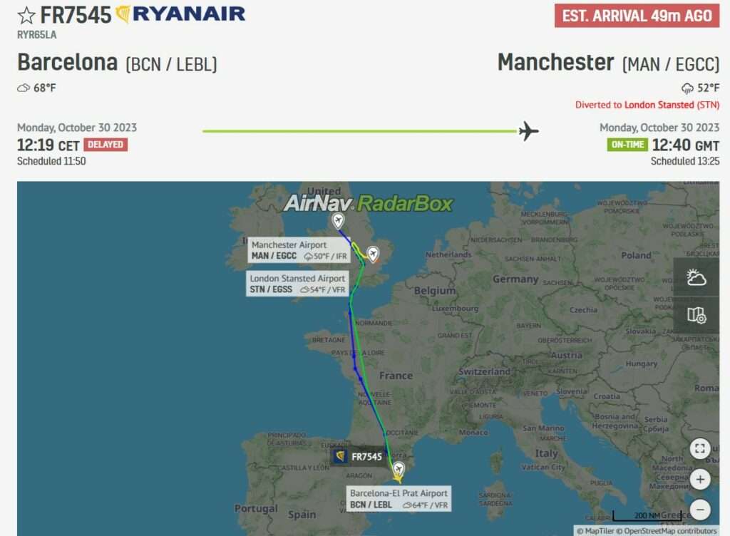 A Ryanair flight inbound from Barcelona to Manchester has diverted to London Stansted Airport earlier today.