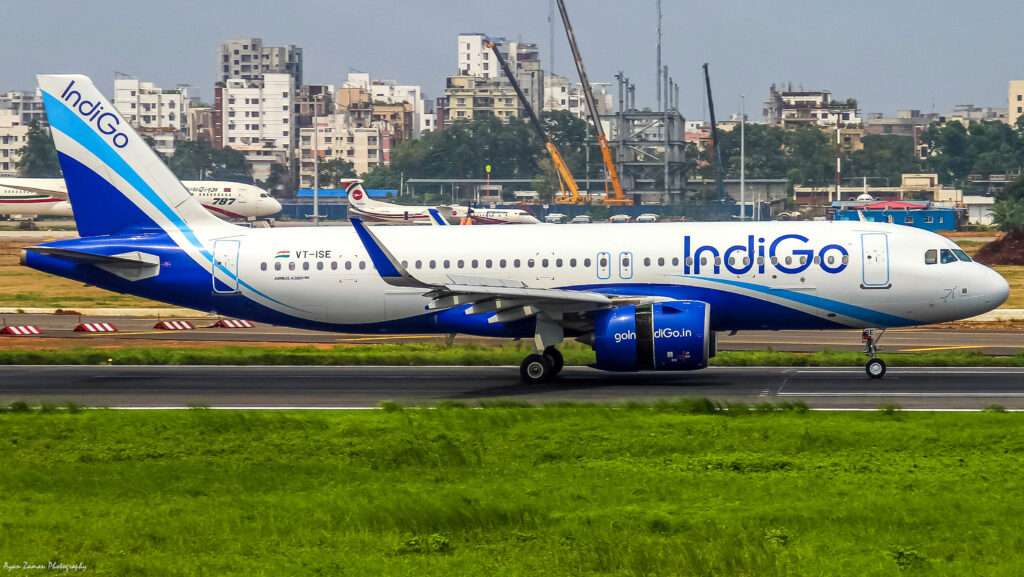 An IndiGo Airbus on the taxiway.