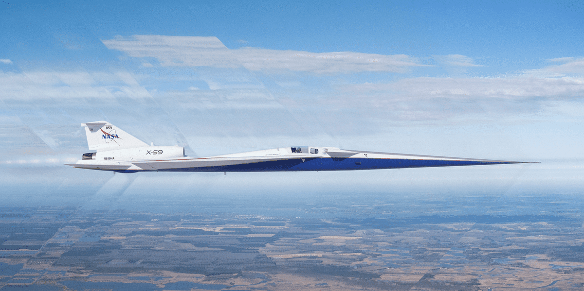 Render of Lockheed Martin X-59 supersonic experimental aircraft.