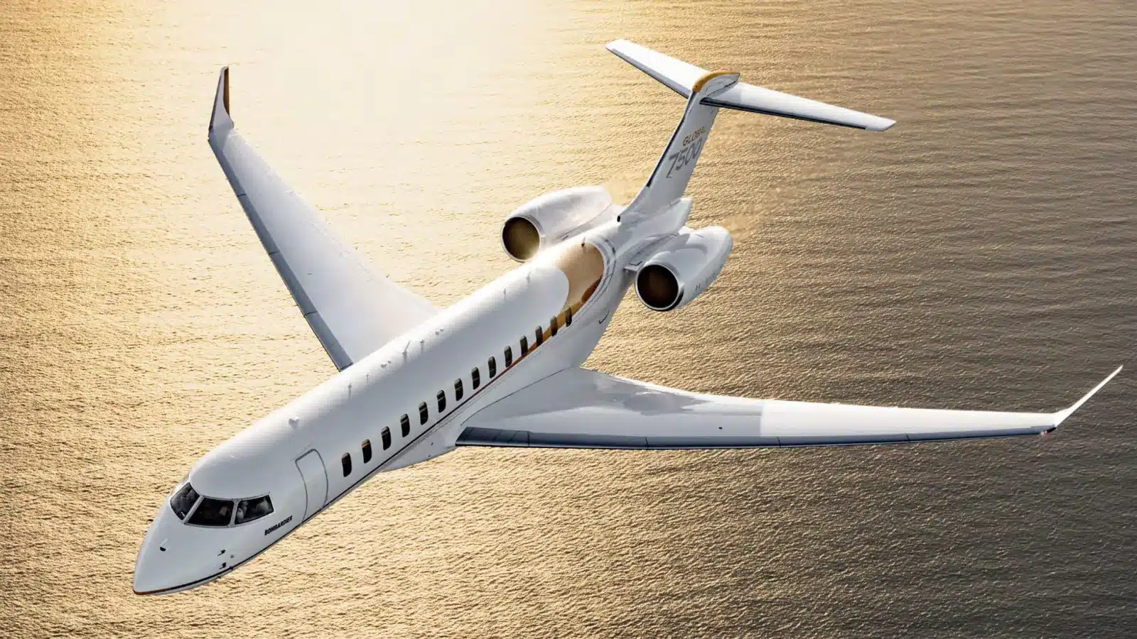 A Bombardier Global 7500 in flight over the ocean.