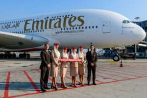 An Emirates Airbus A380 on the tarmac in celebration of Milan-New York flights.