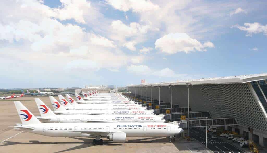 A line of parked China Eastern Airlines jets.