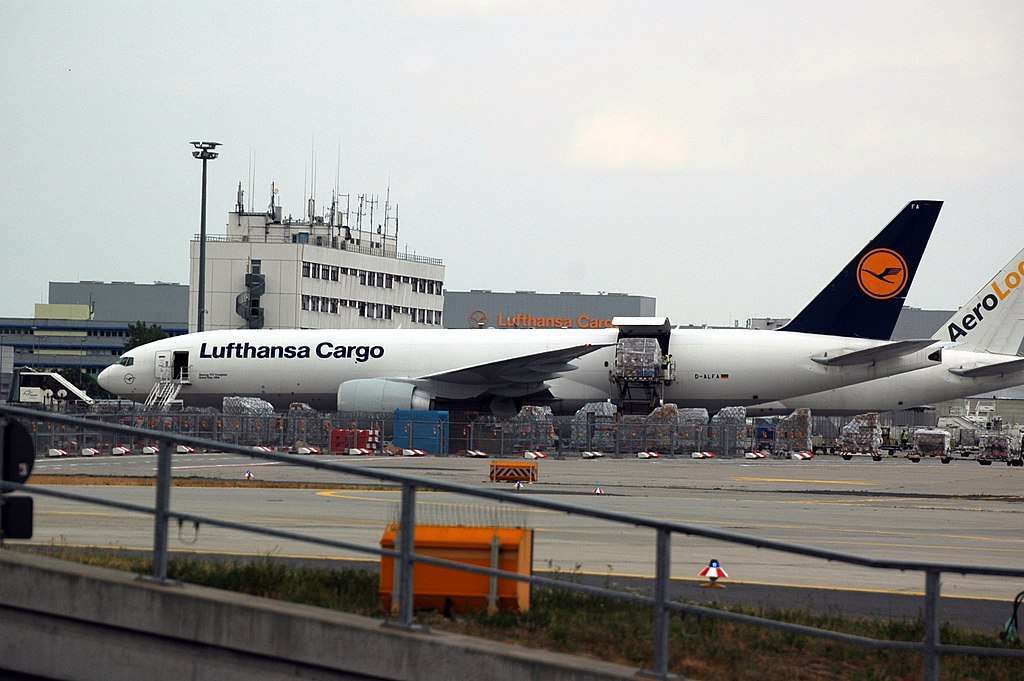 Lufthansa Cargo aircraft at Frankfurt Airport.