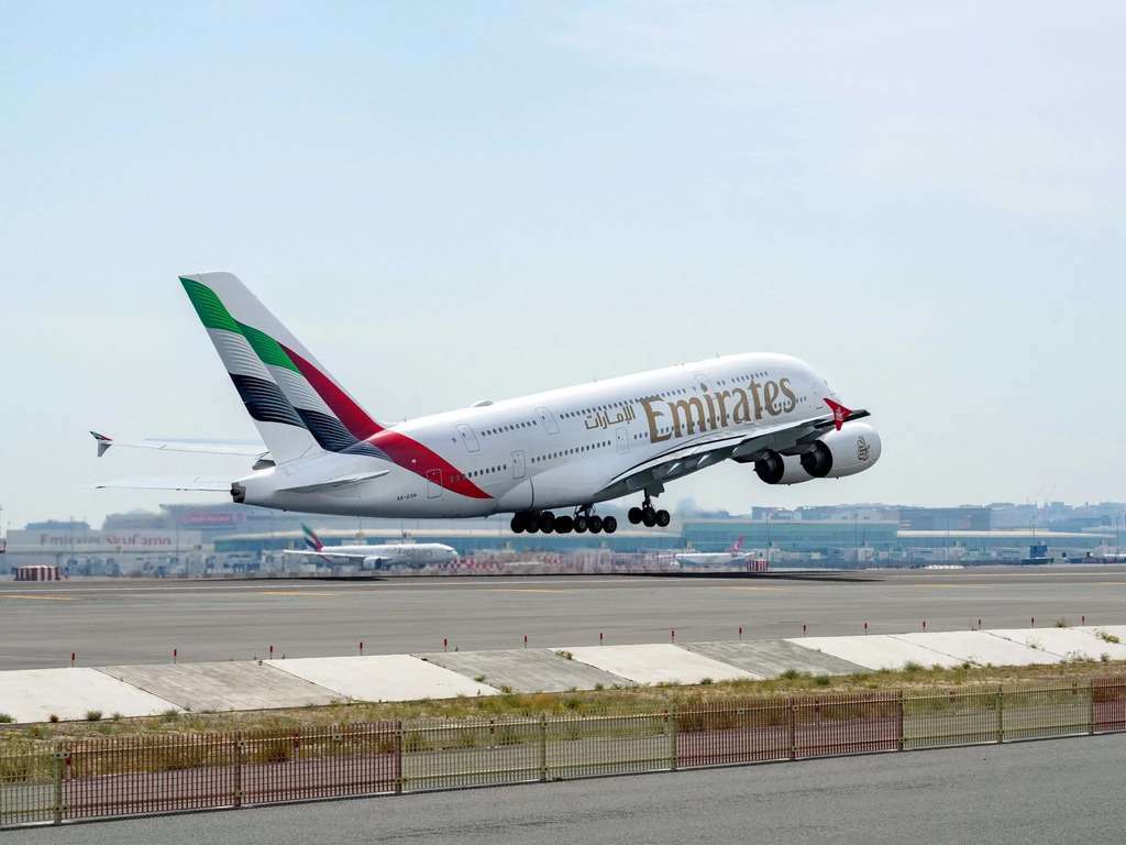 An Emirates A380 takes off.