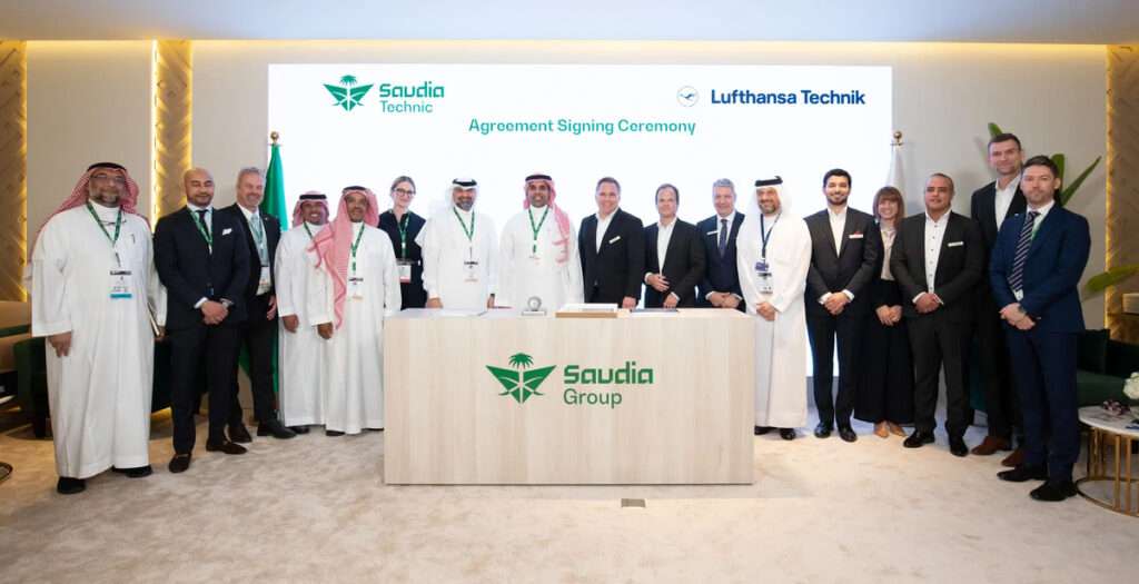 Saudia and Lufthansa officials sign maintenance contract.