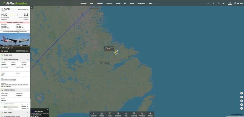 American Airlines 777 Munich-Charlotte Diverting to Montreal