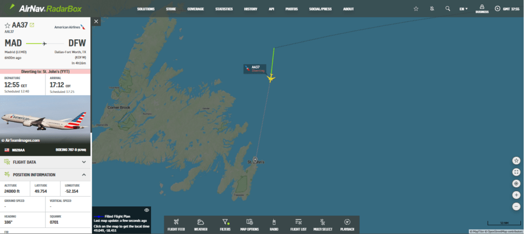 American Airlines 787 Madrid-Dallas Diverts to St. Johns