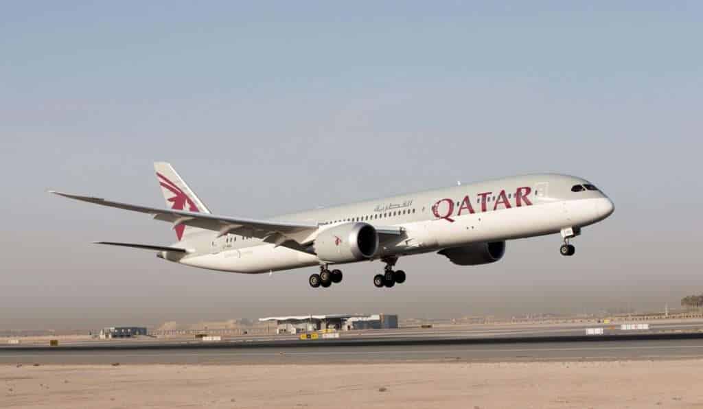 A Qatar Airways Boeing 787 takes off.