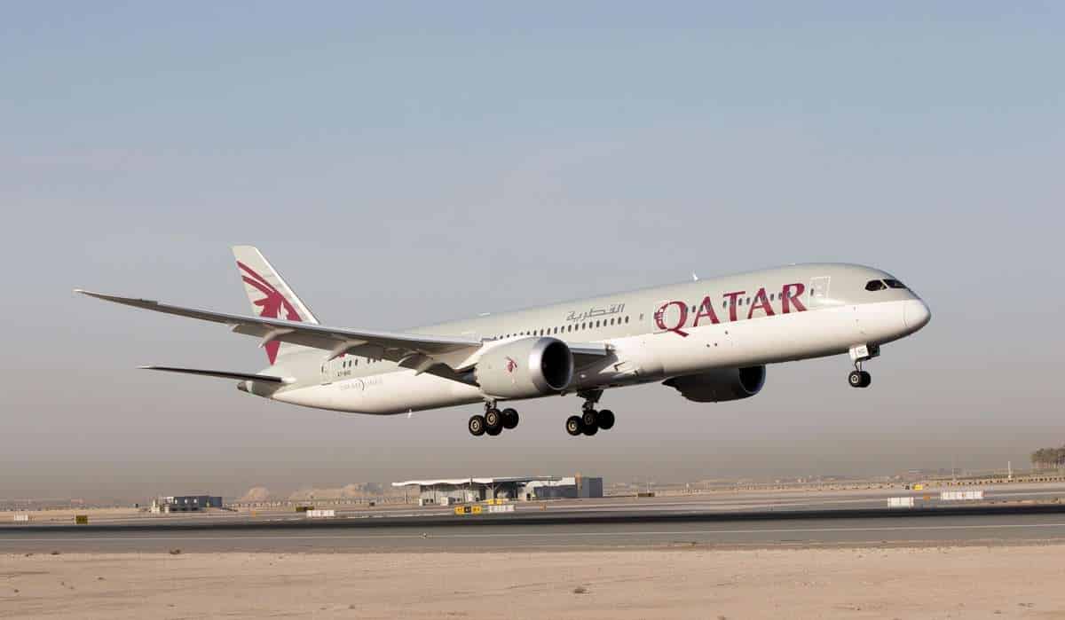 A Qatar Airways Boeing 787 takes off.