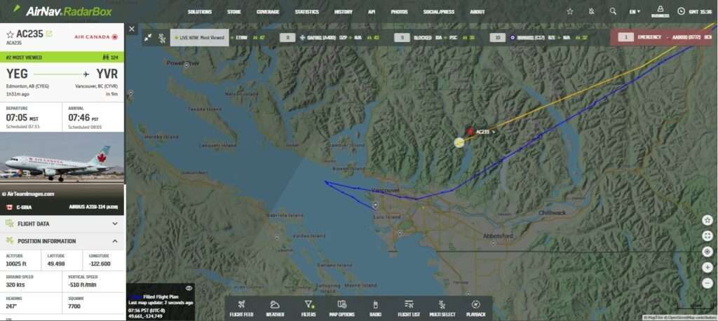 Air Canada Flight Edmonton-Vancouver Declares Emergency