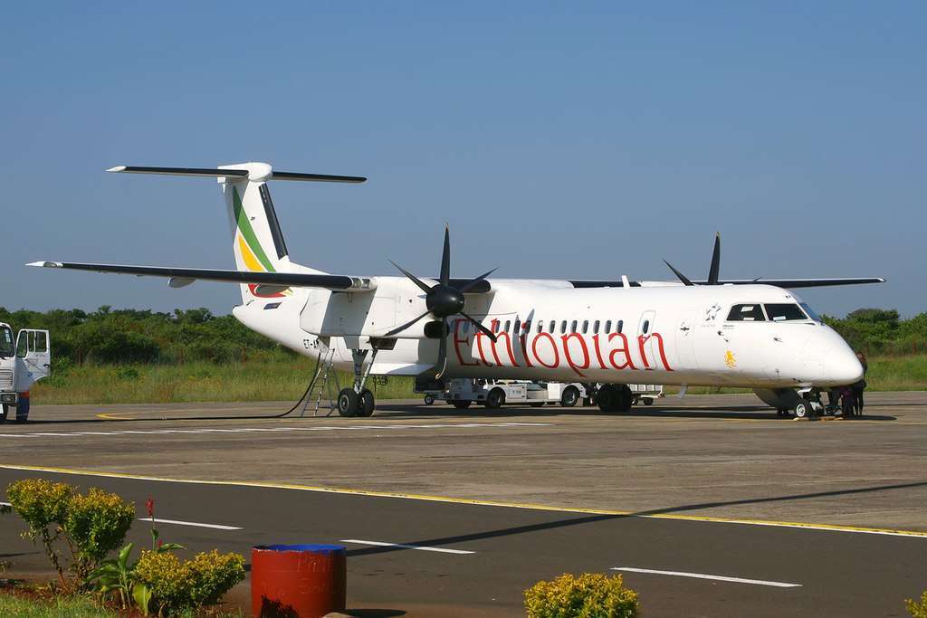 An Ethiopian Airlines Q400 aircraft is refuelled.