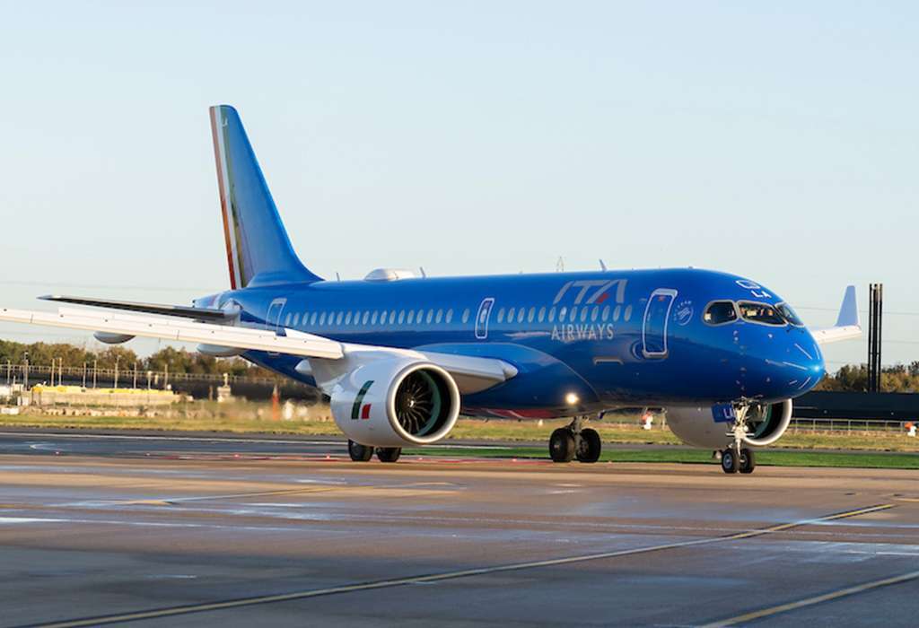 An ITA Airways Airbus A220 on the taxiway.