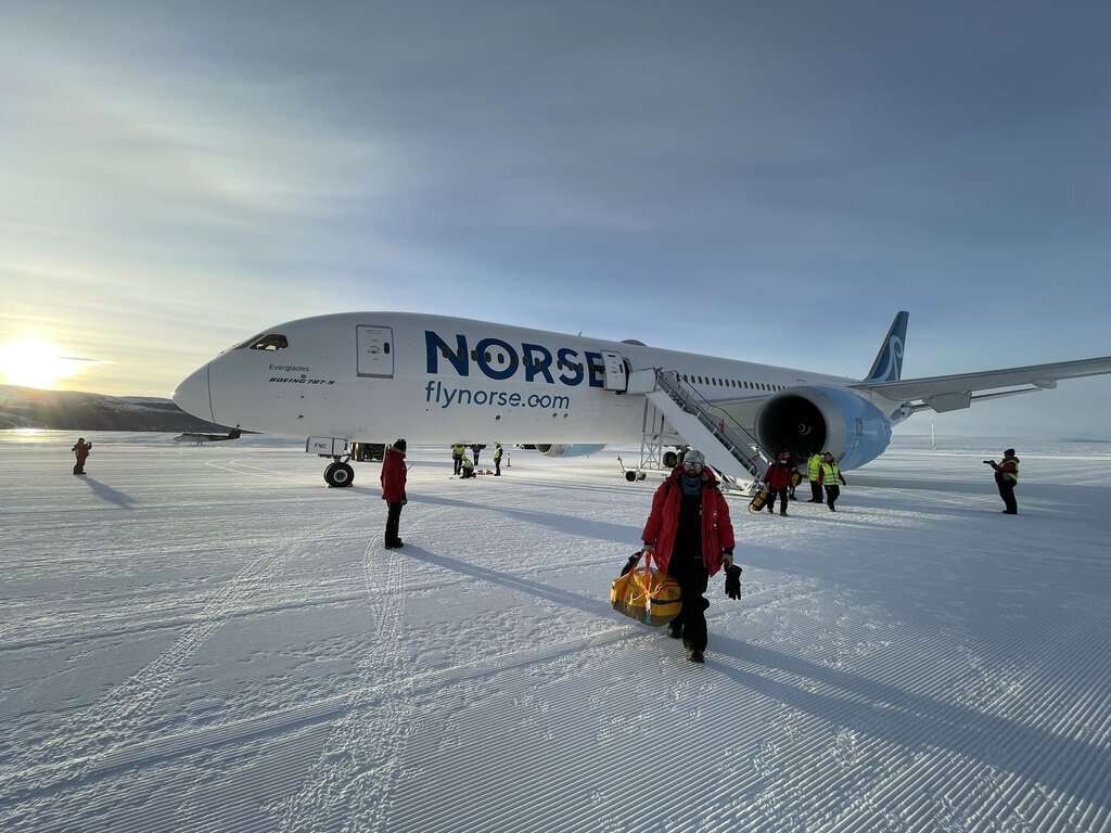 A Norse Atlantic 787 Dreamliner on the ice runway in Antarctica.