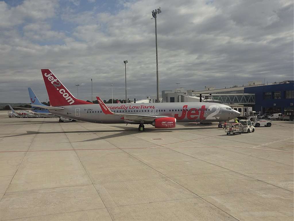 A Jet2 737 parked at the terminal.