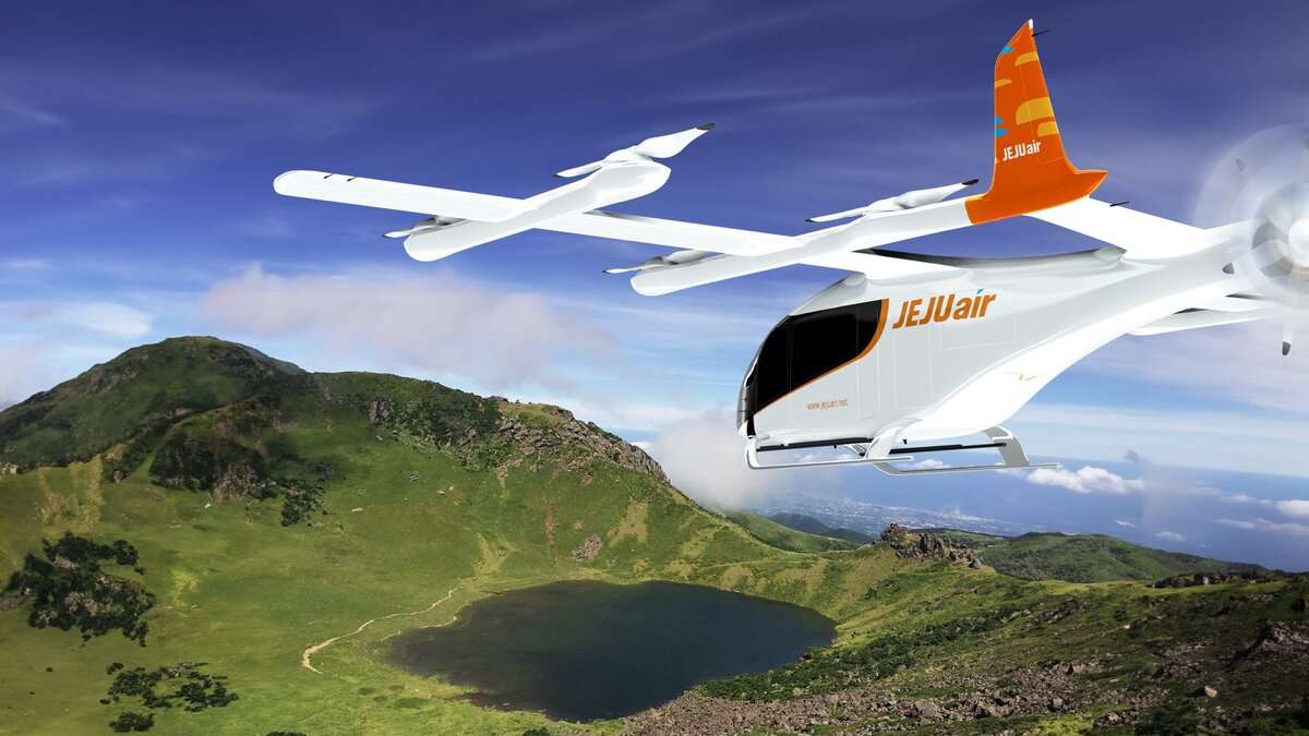 Render of a Jeju Air Eve Air Mobility eVTOL aircraft in flight.