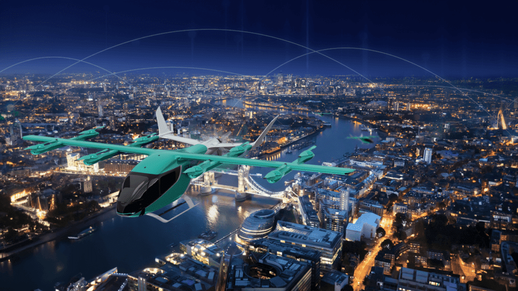Render of Eve Air Mobility eVTOL aircraft above city.