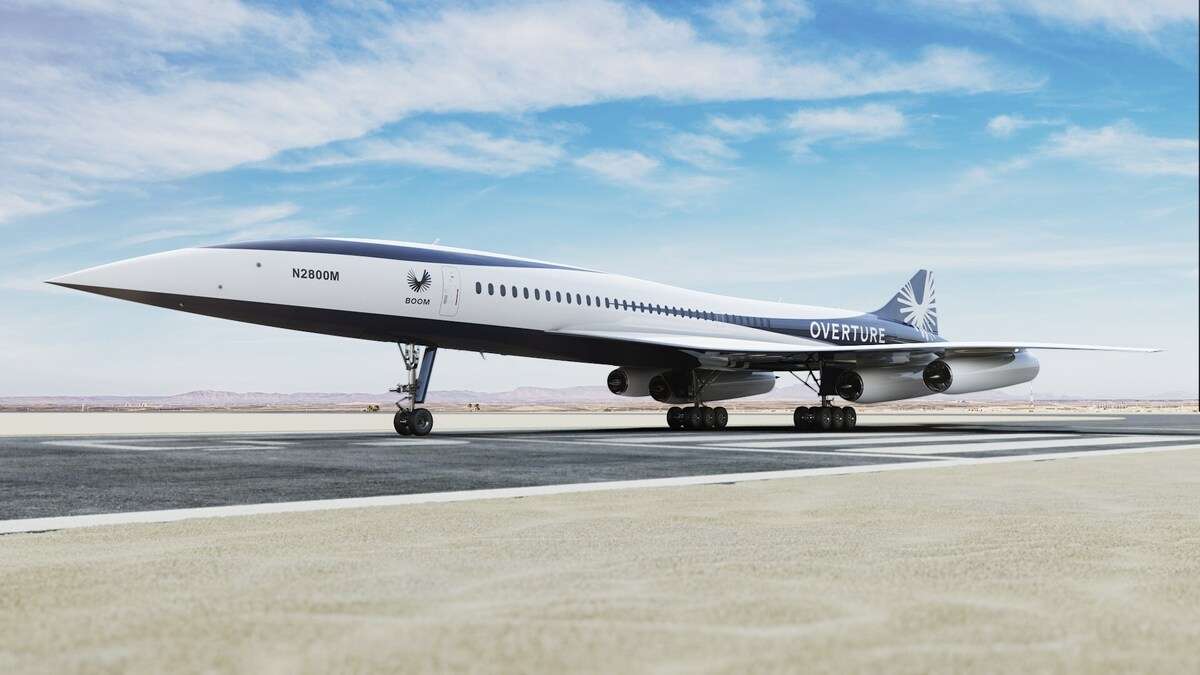 Render of the Boom Supersonic Overture aircraft on a desert runway.