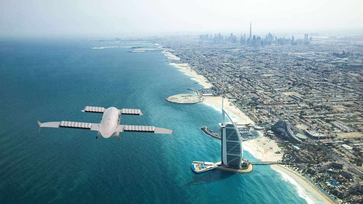 Render of an eVTOL Lilium Jet over Dubai.