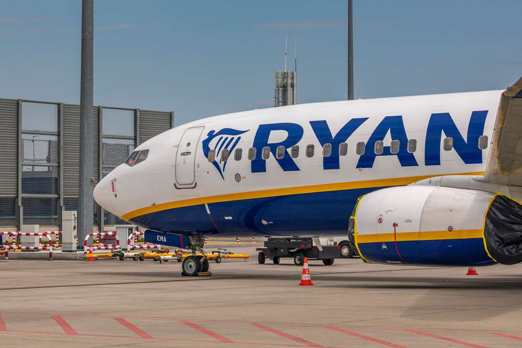 A parked Ryanair aircraft.