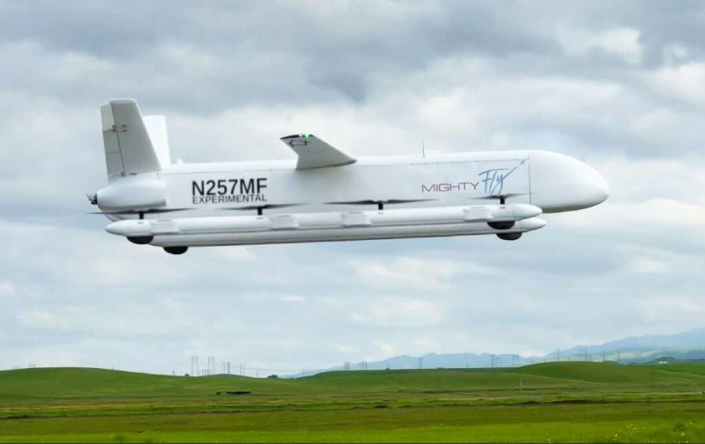 A MightyFly autonomous aircraft in flight.