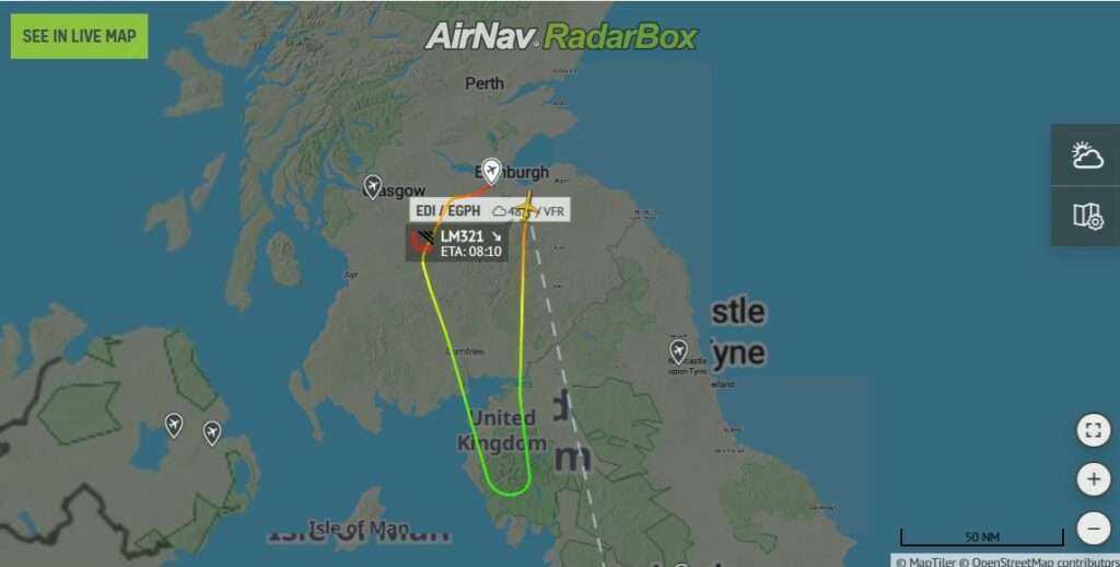 Flight track of Loganair flight LM321 from Edinburgh to Southampton, showing return to Edinburgh.