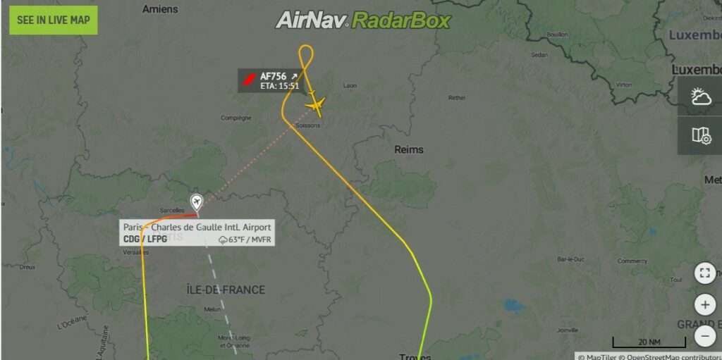 Flight track of Air France AF756 from Paris to Brazzaville, showing return to Paris for emergency landing.