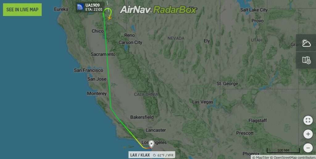 Flight track of United UA1909 Los Angeles to Vancouver, showing diversion to San Francisco.