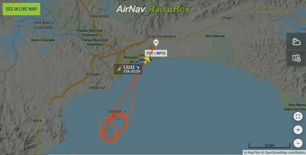 Flight track of DHL flight L3222 Panama City to San Salvador, showing holding and return PTY.