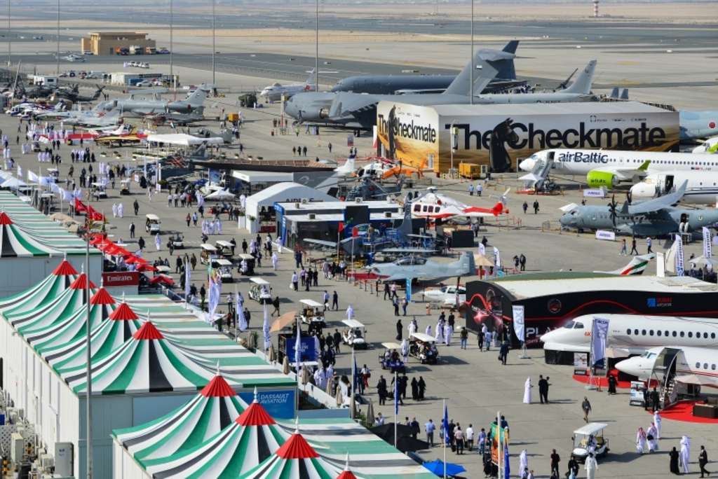 Tarmac view of aircraft displays at Dubai Air Show
