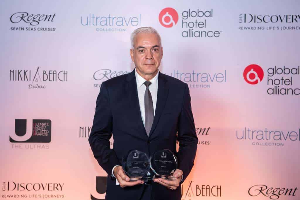 Thomas Ney, Divisional Senior Vice President Service Delivery at Emirates accepts awards at ULTRAs 2023 Awards.