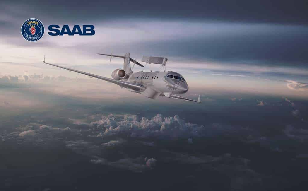 A Saab GlobalEye surveillance aircraft in flight.