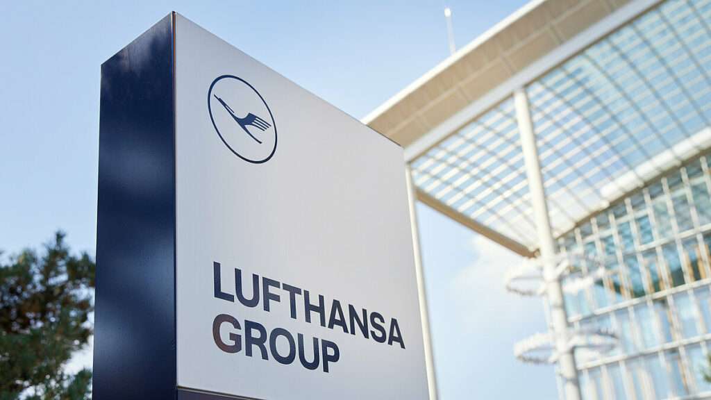 The Lufthansa Group sign in front of the airline Group's headquarters.
