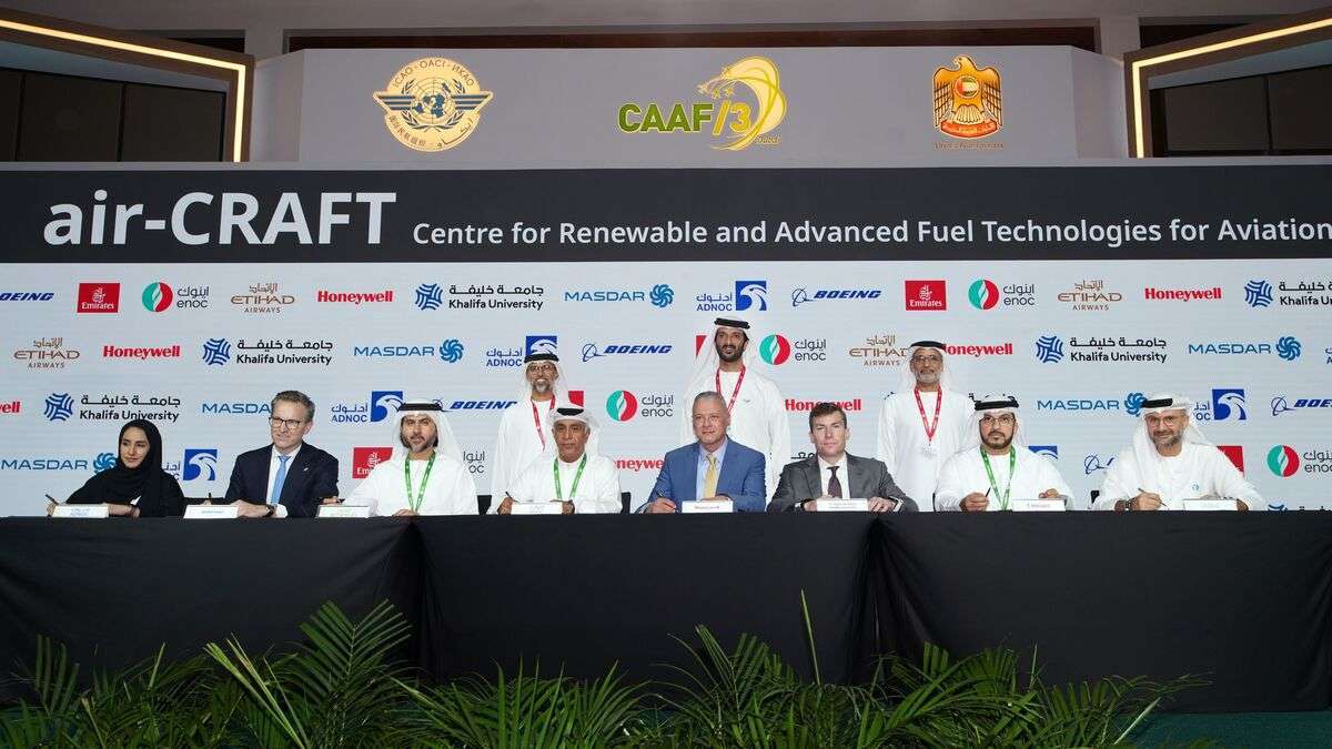 Delegates at United Arab Emirates UAE conference on renewable aviation fuels.