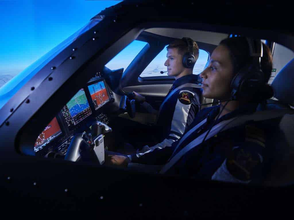 Trainees pilots in an Emirates flight simulator.