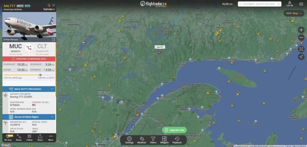 American Airlines 777 Munich-Charlotte Diverting to Montreal
