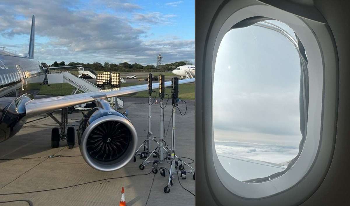 Images of damaged A321 windows at Stansted Airport.