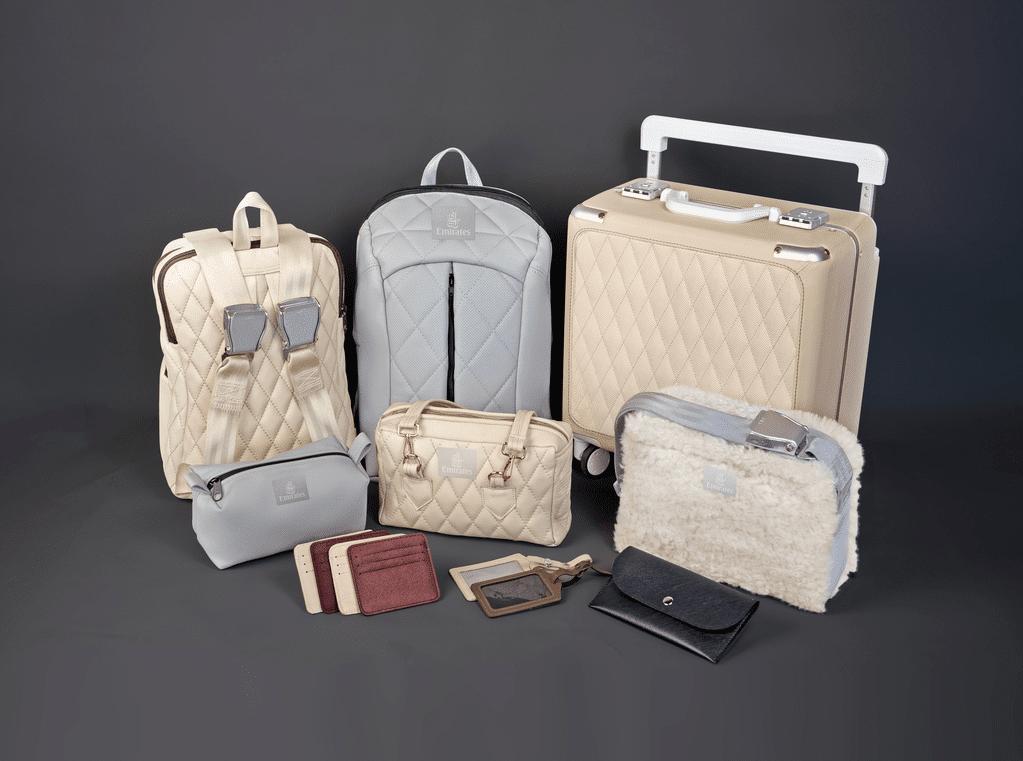 Emirates luggage range made from upcycled aircraft interior materials.