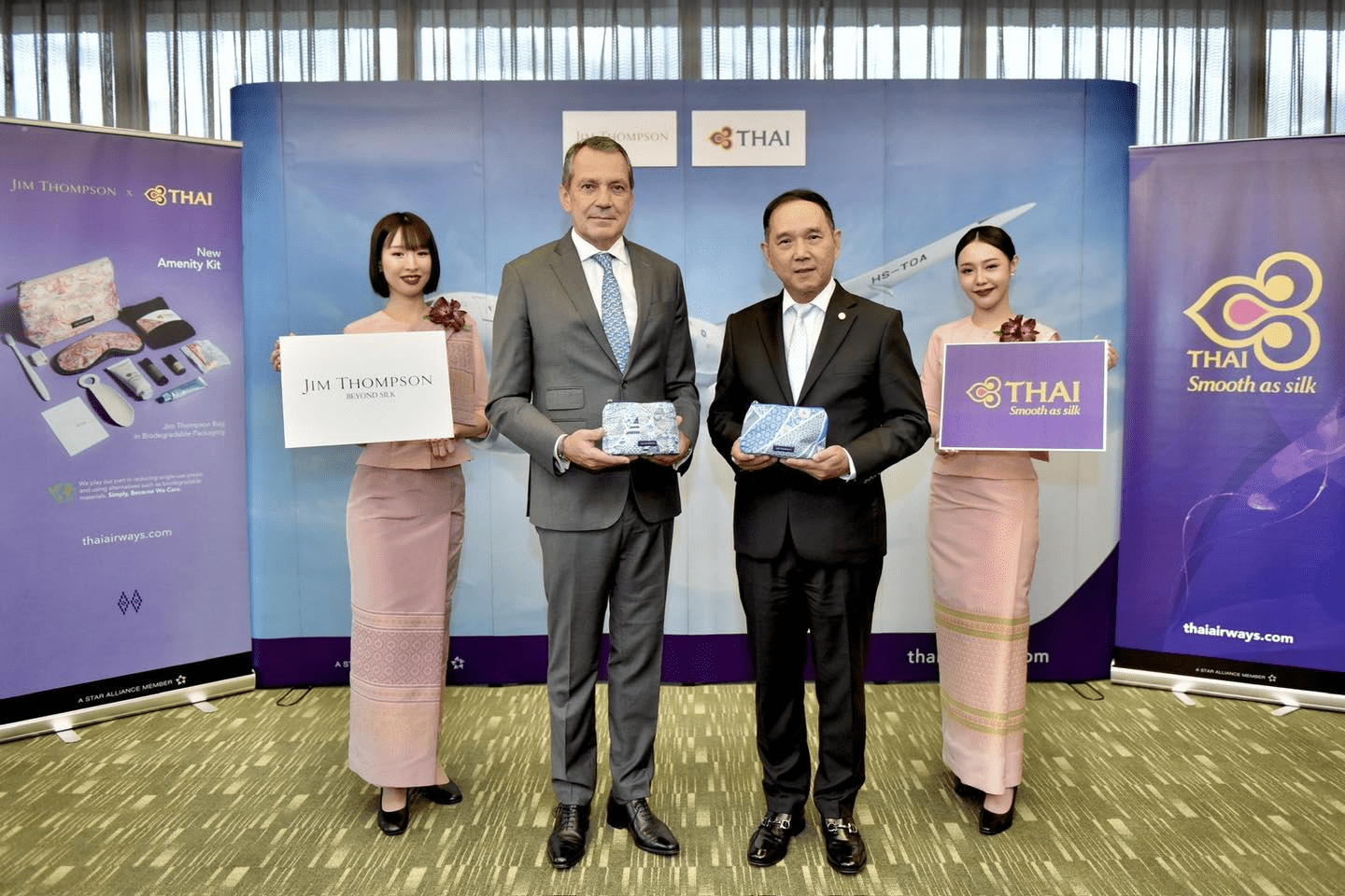 Thai Airways and Jim Thompson staff with new amenity kit range.