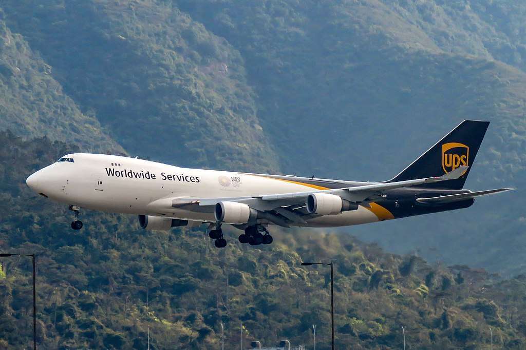 A UPS Boeing 747 approaches to land at Hong Kong International Airport.